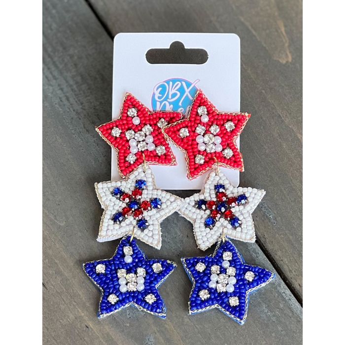 Handmade Patriotic Red White and Blue Triple Stars Earrings