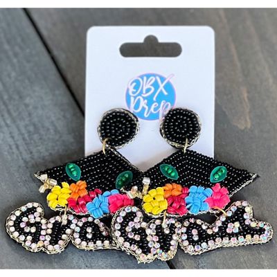 Grad Felt Back Seed Beaded Graduation Cap Dangle Earrings