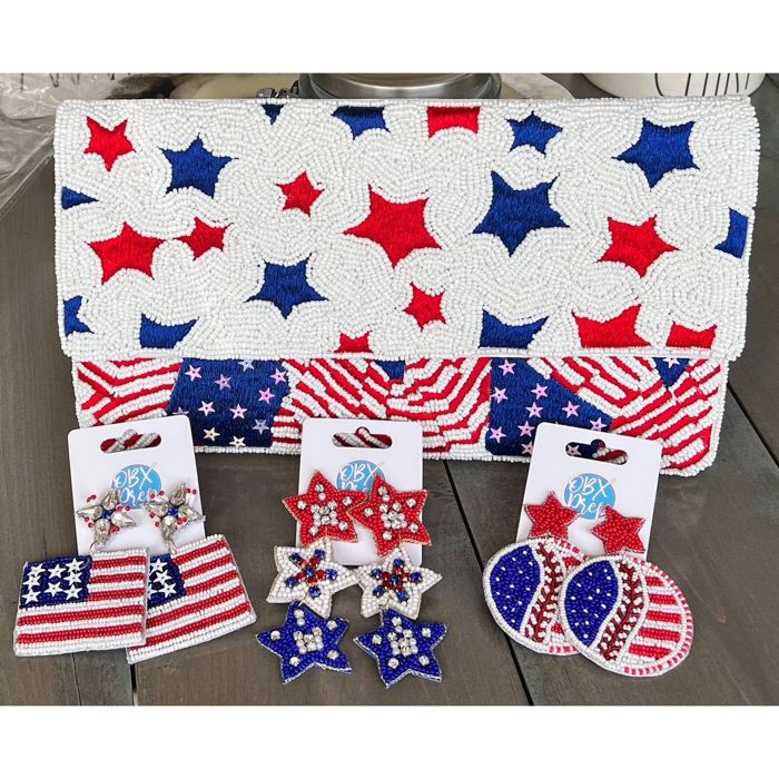 Handmade Patriotic Red White and Blue Triple Stars Earrings
