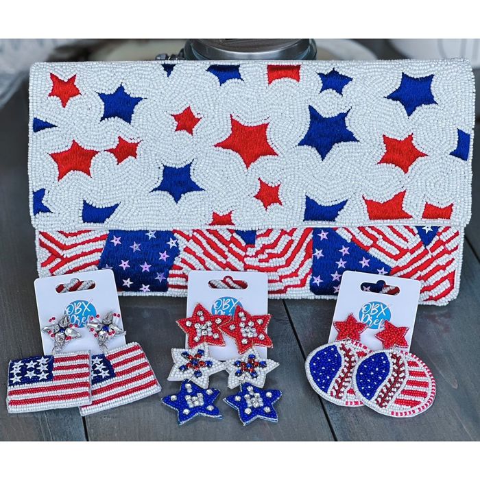 Handmade Patriotic Red White and Blue Triple Stars Earrings