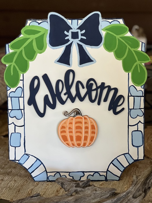 Welcome Sign – 18” Birch Wood, OBX Hand-Painted , Interchangeable Mini Seasonal Pieces, Chinoiserie Preppy Blue Decor