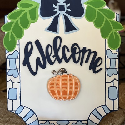 Welcome Sign – 18” Birch Wood, OBX Hand-Painted , Interchangeable Mini Seasonal Pieces, Chinoiserie Preppy Blue Decor