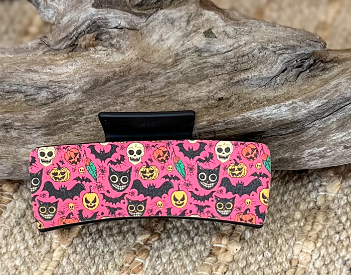 Large Halloween Hair Claw Clip – 4.1 Inch Pink Skull Pumpkin Bat Pattern – Spooky Seasonal Hair Accessory Handmade in OBX