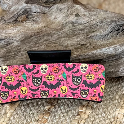 Large Halloween Hair Claw Clip – 4.1 Inch Pink Skull Pumpkin Bat Pattern – Spooky Seasonal Hair Accessory Handmade in OBX