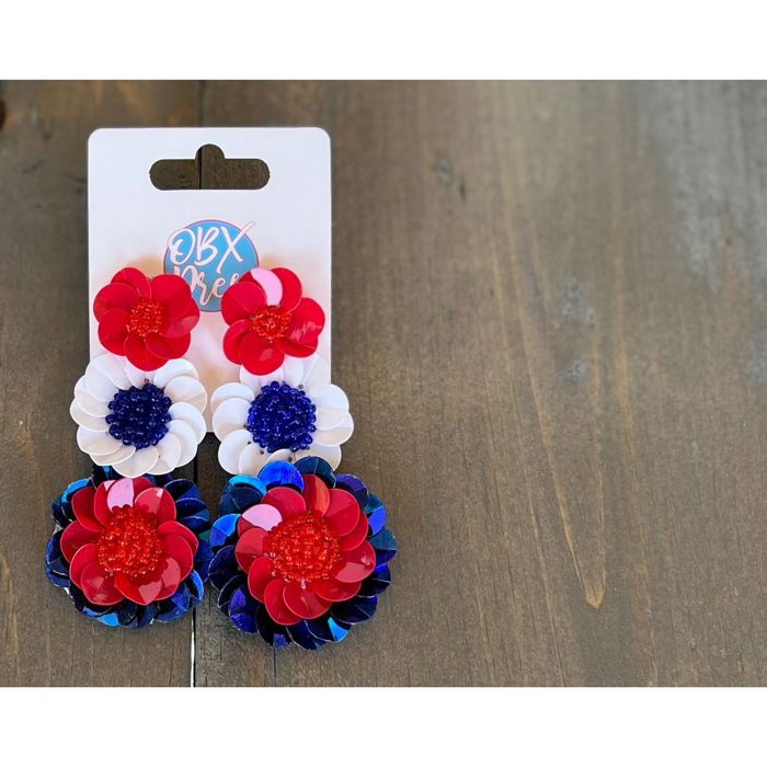 Patriotic Red White and Blue Triple Flowers Handmade Earrings