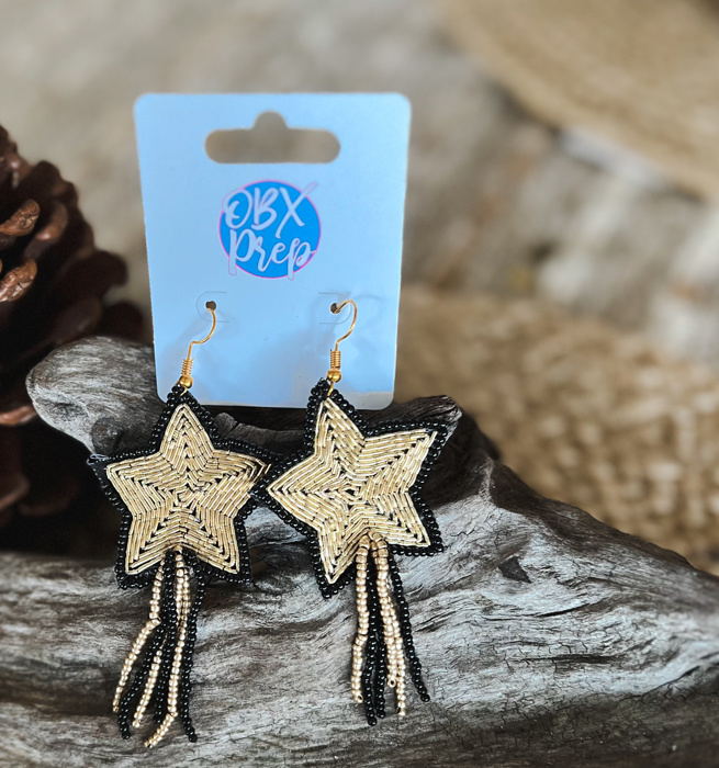 Gold and Black Star Seed Beaded Drop Earrings 