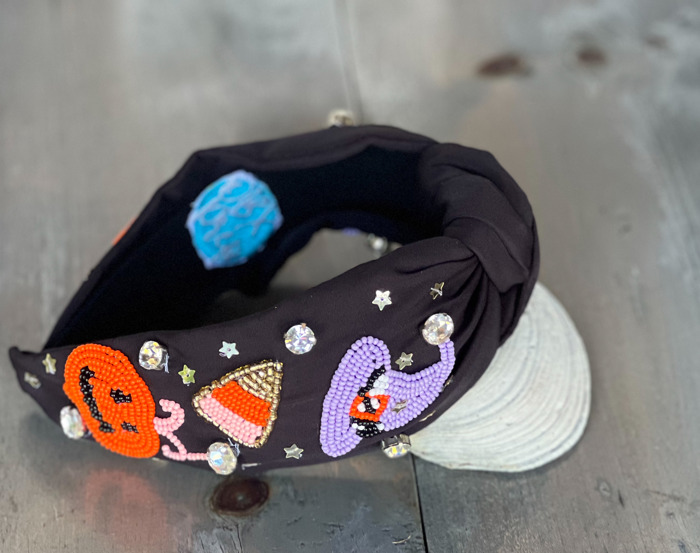 Halloween Witch Hat Candy Corn Top Knot Seed Beaded Handmade Headband