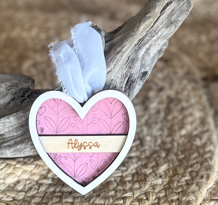 Personalized Handmade Heart Ornament, Bag Tag & Car Charm