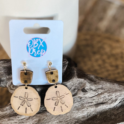 Hand-Painted Sand Dollar Wood Earrings with Gold Metallic Edging