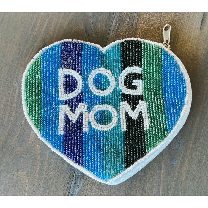 Dog Mom Heart Shaped Seed Beaded Blue Striped Coin Purse