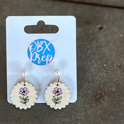 Petite Scallop Wood Earrings with Pearl Stud | Hand Painted Floral Earrings