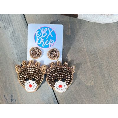 Bronze Rudolph Reindeer Seed Beaded Dangle Earrings 