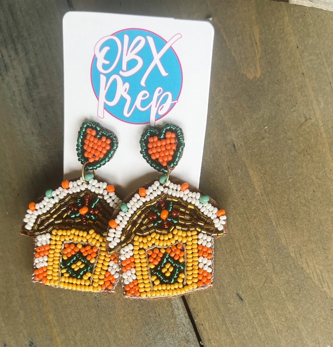 Gingerbread House Seed Beaded Dangle Earrings 