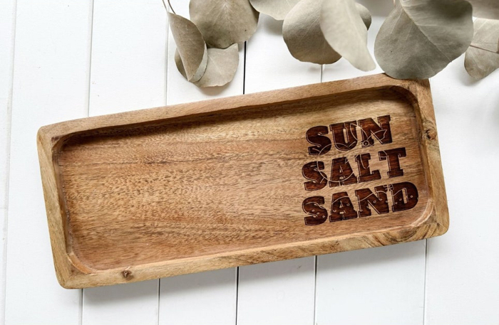Engraved "Sun, Salt, Sand" Acacia Wood Serving Board, Jewelry Tray, or Decorative Piece