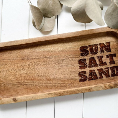 Engraved "Sun, Salt, Sand" Acacia Wood Serving Board, Jewelry Tray, or Decorative Piece