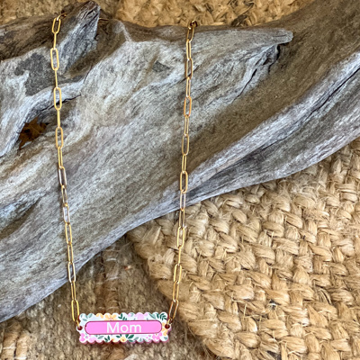 Personalized Floral Name Necklace | Custom Acrylic Pendant Necklace | Gold or Silver Paperclip Chain | Coastal Garden Collection Gift for Mom