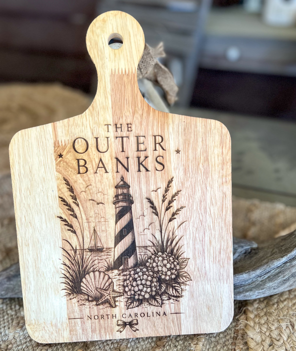Outer Banks Engraved Bamboo Cutting Board | Coastal Kitchen Decor | Lighthouse & Hydrangea Serving Board | NC Beach House Gift
