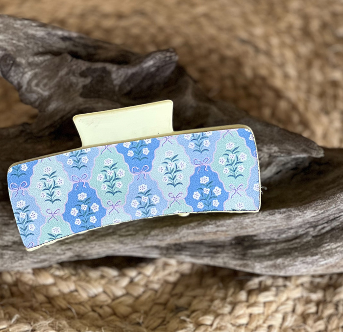 Light Blue Bows with White Floral Pattern Leather Hair Claw – Handmade in the Outer Banks