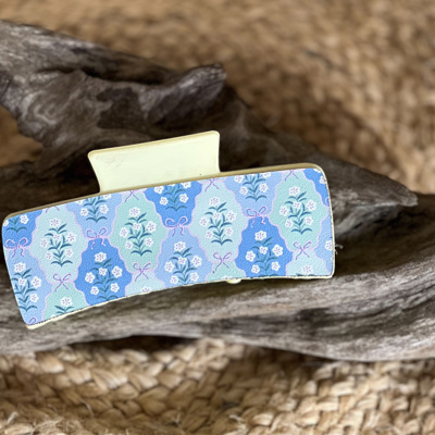 Light Blue Bows with White Floral Pattern Leather Hair Claw – Handmade in the Outer Banks