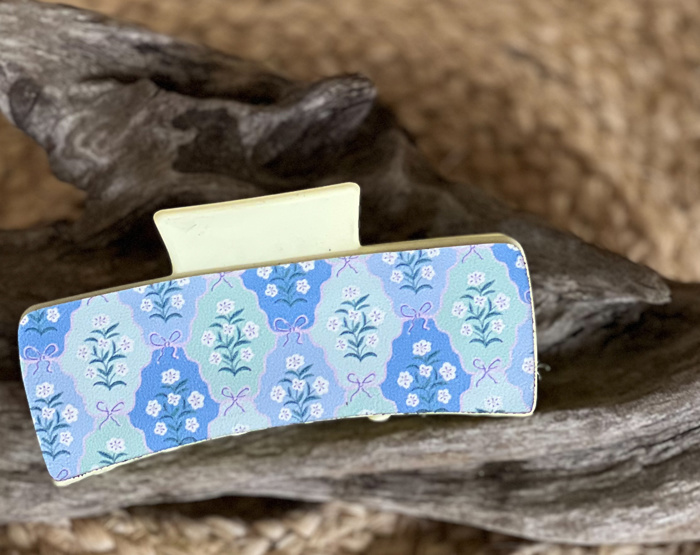 Light Blue Bows with White Floral Pattern Leather Hair Claw – Handmade in the Outer Banks