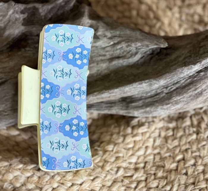 Light Blue Bows with White Floral Pattern Leather Hair Claw – Handmade in the Outer Banks