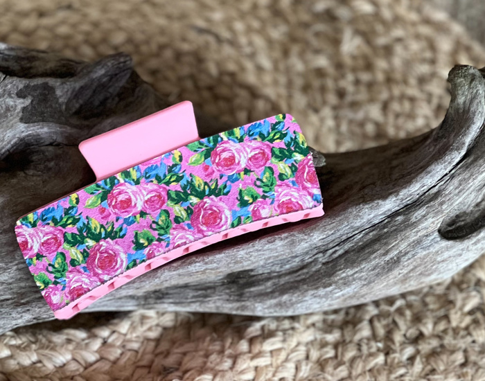 Preppy Rose Patterned Leather Hair Claw – Handmade in the Outer Banks 🌸☀️