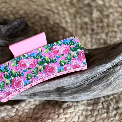 Preppy Rose Patterned Leather Hair Claw – Handmade in the Outer Banks 🌸☀️
