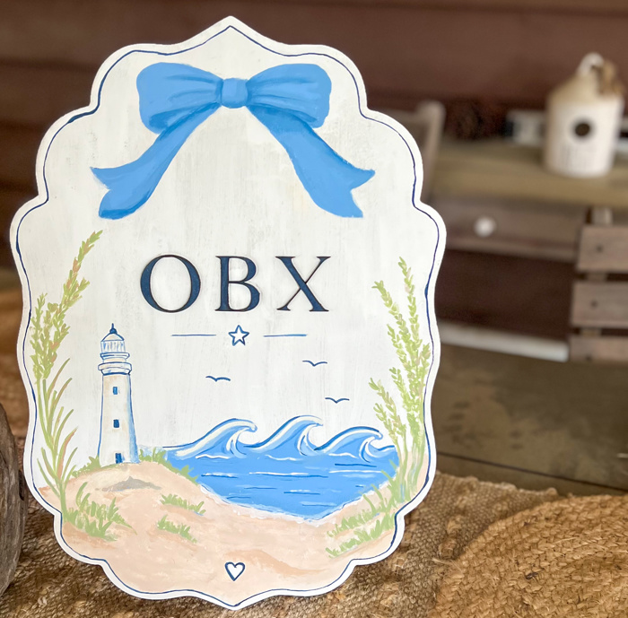 Hand Painted OBX Coastal Scalloped Shelf Sitter | Outer Banks Lighthouse Beach Decor | Preppy Coastal Tabletop Sign | Coastal Grandmillennial Decor