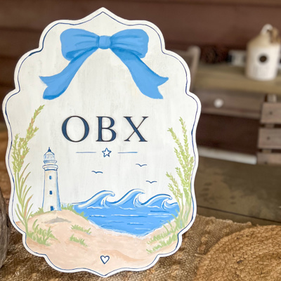 Hand Painted OBX Coastal Scalloped Shelf Sitter | Outer Banks Lighthouse Beach Decor | Preppy Coastal Tabletop Sign | Coastal Grandmillennial Decor
