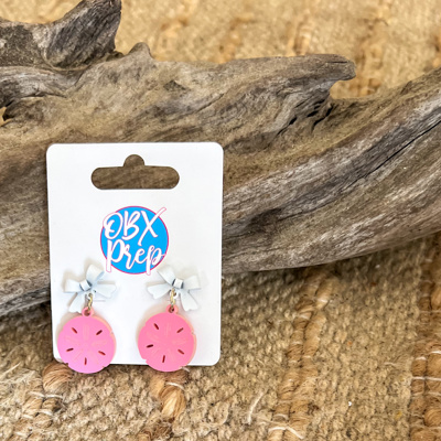 Pink Sand Dollar Earrings | Coastal Earrings with White Bow Studs | Beach Jewelry | Preppy Coastal Earrings | Coastal Garden Collection