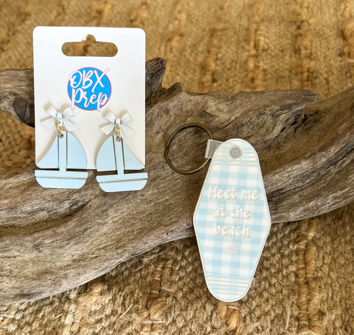 Sailboat blue acrylic dangle earrings with bow top studs 