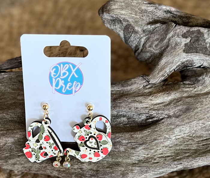 Strawberry Vine Teapot & Teacup Dangle Earrings- Handmade in OBX