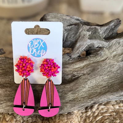 Bright Pink & Orange Wooden Teardrop Earrings – Handmade Summer Dangle Earrings with Seed Bead Tops – OBX Preppy Style, Lightweight & Bold