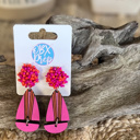  Bright Pink & Orange Wooden Teardrop Earrings – Handmade Summer Dangle Earrings with Seed Bead Tops – OBX Preppy Style, Lightweight & Bold