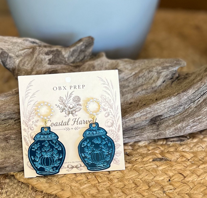 Coastal Harvest Ginger Jar Earrings | Blue & Pearl Statement Earrings