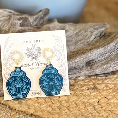 Coastal Harvest Ginger Jar Earrings | Blue & Pearl Statement Earrings