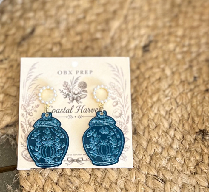 Coastal Harvest Ginger Jar Earrings | Blue & Pearl Statement Earrings
