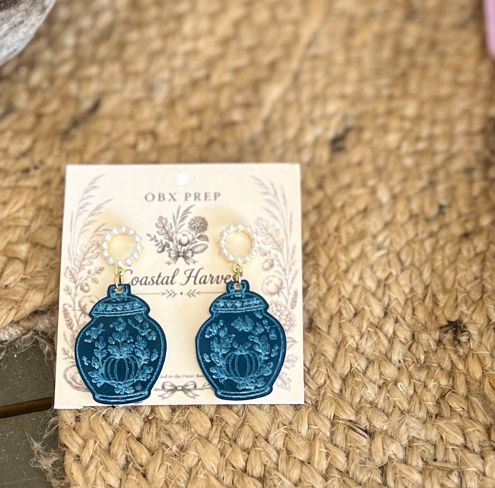 Coastal Harvest Ginger Jar Earrings | Blue & Pearl Statement Earrings
