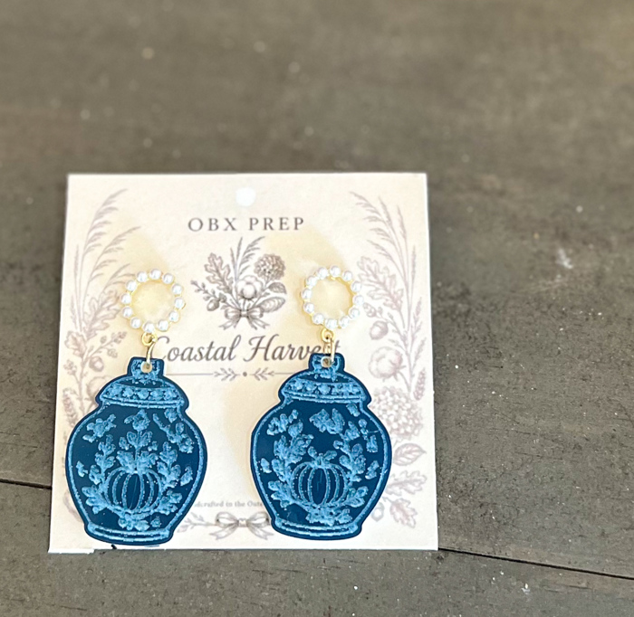 Coastal Harvest Ginger Jar Earrings | Blue & Pearl Statement Earrings