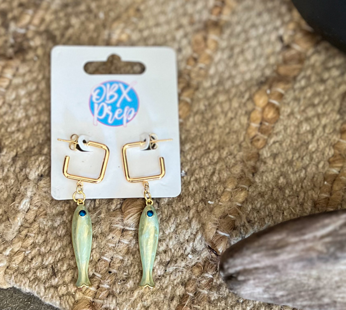 Pearlescent Fish Earrings | Gold Square Huggie Hoop Earrings | Coastal Fish Dangle Earrings | Beach Jewelry | Outer Banks Gift