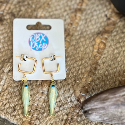 Pearlescent Fish Earrings | Gold Square Huggie Hoop Earrings | Coastal Fish Dangle Earrings | Beach Jewelry | Outer Banks Gift