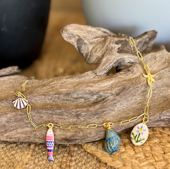 Coastal Curiosities Charm Necklace | Mixed Media Coastal Charms | Gold Paperclip Chain Necklace | Handmade Coastal Jewelry