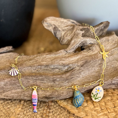 Coastal Curiosities Charm Necklace | Mixed Media Coastal Charms | Gold Paperclip Chain Necklace | Handmade Coastal Jewelry