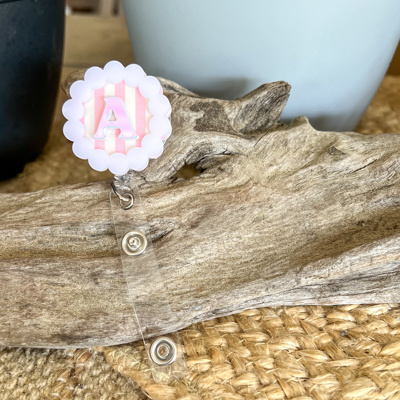 Personalized Layered Acrylic Monogram Badge Reel | Pink Stripe & Iridescent Initial | Scalloped Badge Reel | Alligator or Swivel Clasp