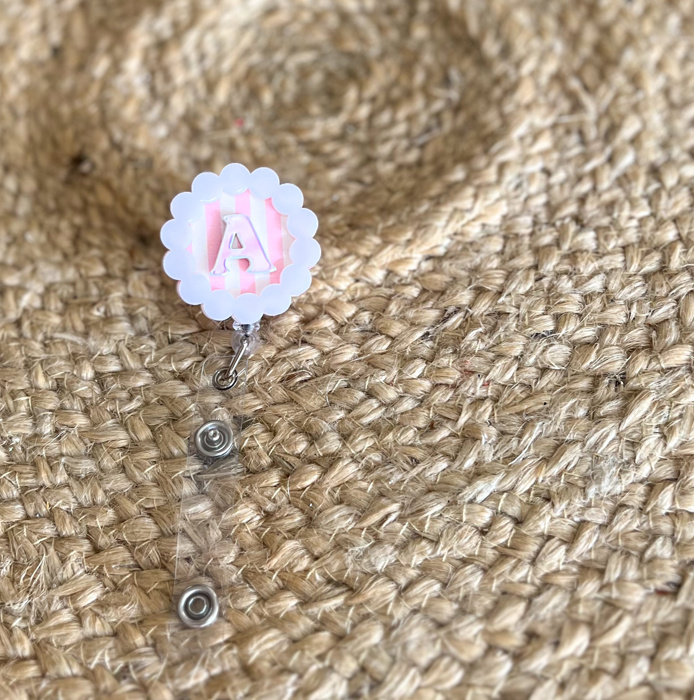 Personalized Layered Acrylic Monogram Badge Reel | Pink Stripe & Iridescent Initial | Scalloped Badge Reel | Alligator or Swivel Clasp