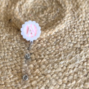  Personalized Layered Acrylic Monogram Badge Reel | Pink Stripe & Iridescent Initial | Scalloped Badge Reel | Alligator or Swivel Clasp