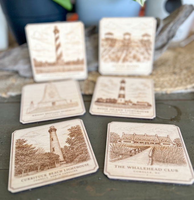 Outer Banks Heritage Engraved Wood Coasters | OBX Landmark Collection