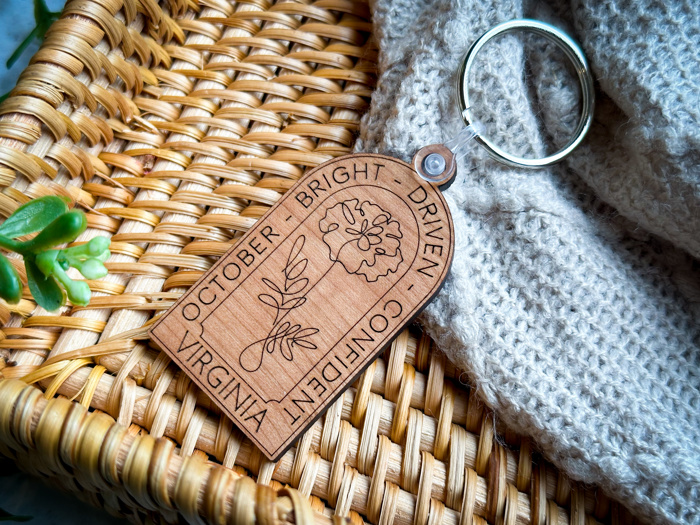 Personalized Birth Flower Keychain | Engraved Wood Birth Month Key Ring | Custom Name Gift | Birth Flower Collection