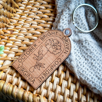 Personalized Birth Flower Keychain | Engraved Wood Birth Month Key Ring | Custom Name Gift | Birth Flower Collection
