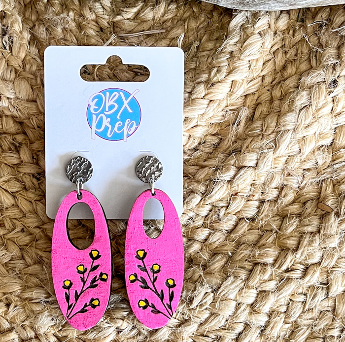 Hand Painted Hot Pink Engraved Floral Dangle Earrings- Summer Drop Birch Wood Earrings 